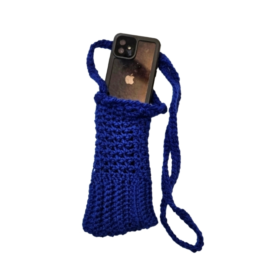 Hand Crafted hand knit crochet cellphone crossbody bag boho style electric blue